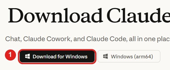 Nedladdningssidan för Claude med knappen Download for Windows markerad