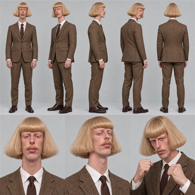 Character sheet för Jean Phil: hela kroppen från fem vinklar och tre närbilder av ansiktet