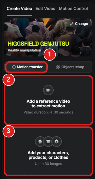 Genjutsu i Higgsfield: Motion transfer markerad som 1, rutan för videon som 2 och rutan för karaktären som 3