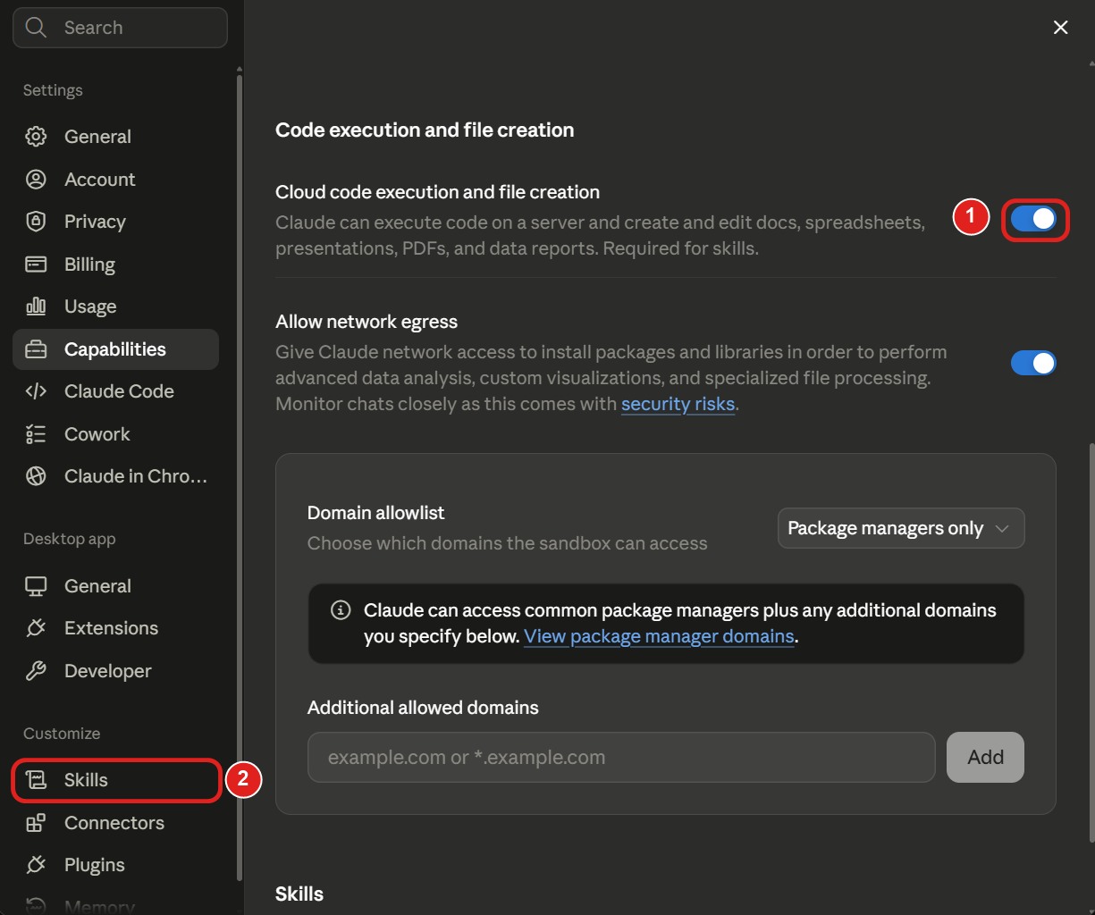 Settings och Capabilities i Claude, med reglaget Cloud code execution and file creation markerat