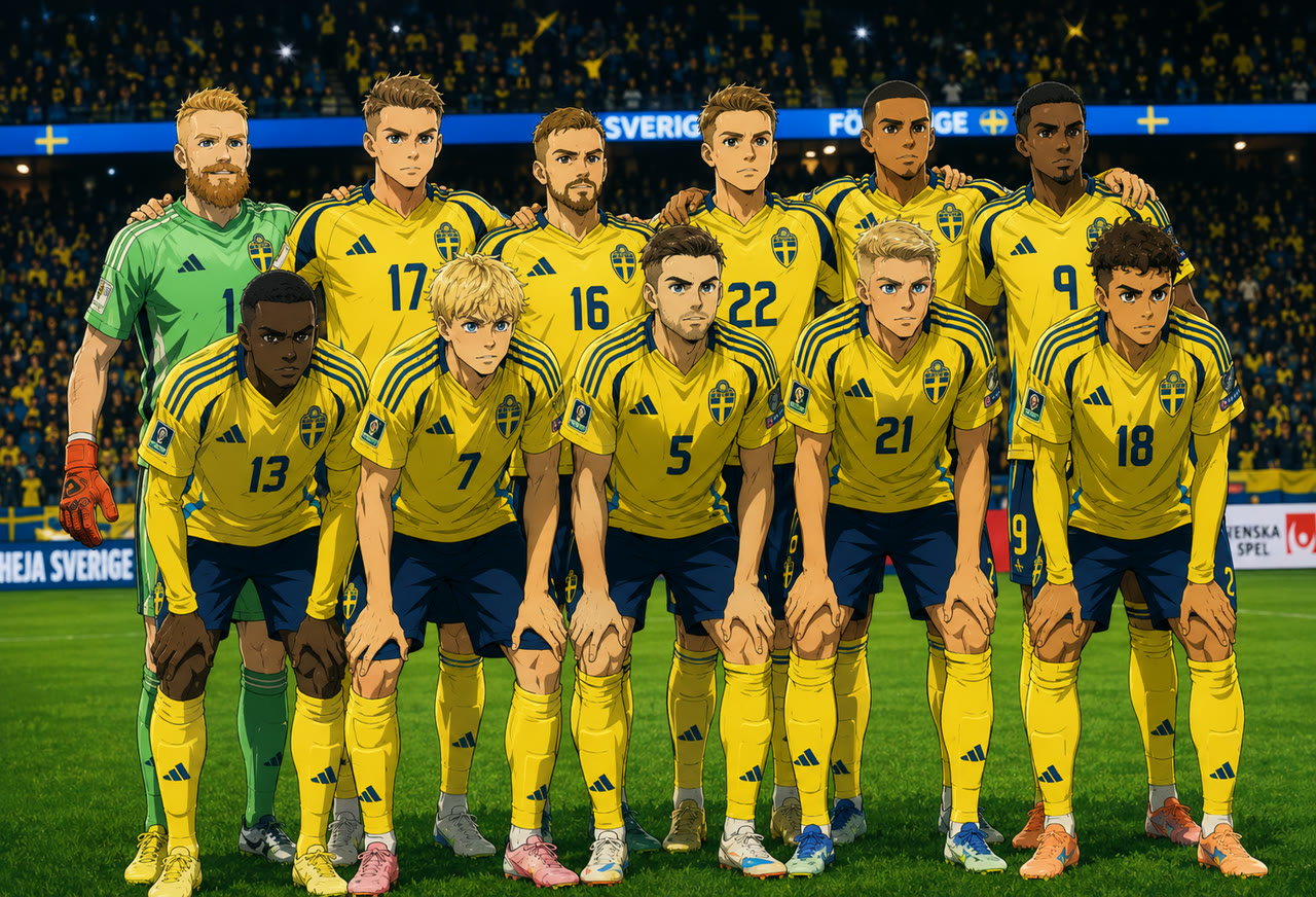 Gruppbild på laget i anime-stil
