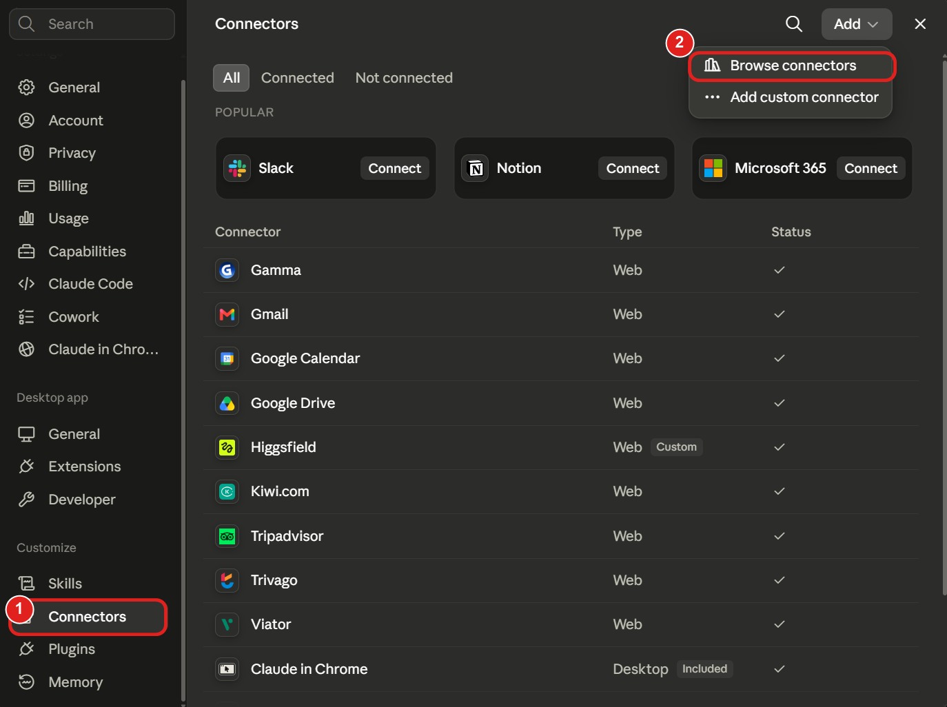 Connectors i Claudes inställningar, med Add och Browse connectors markerade