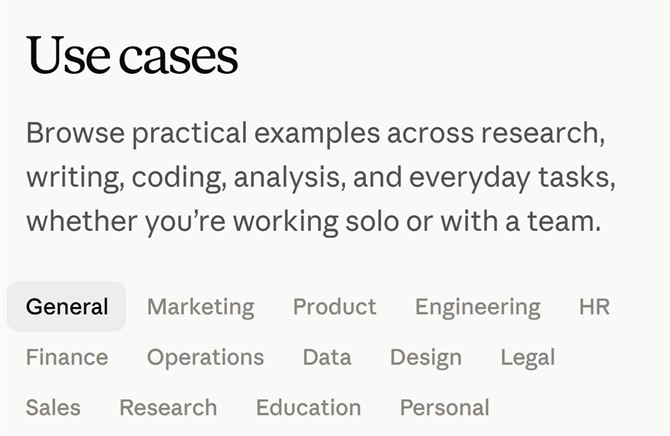 Anthropics sida Use cases med filtren General, Marketing, Product, Engineering, HR, Finance, Operations, Data, Design, Legal, Sales, Research, Education och Personal