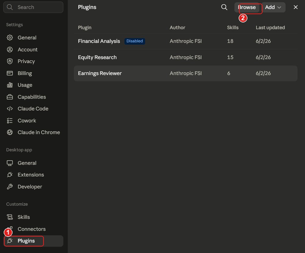 Plugin-sidan med Plugins valt i sidopanelen och Browse-knappen uppe till höger, båda markerade