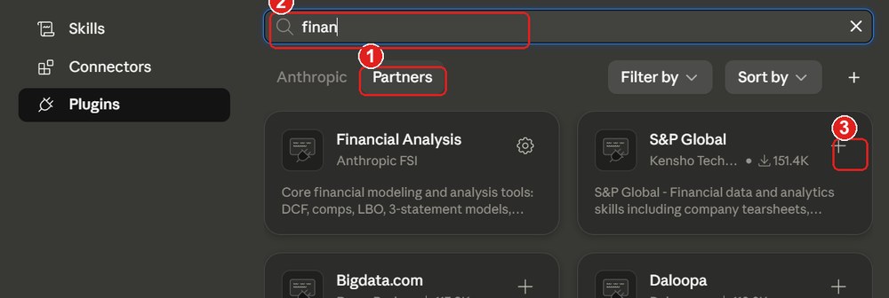 Plugin-katalogen på fliken Partners, med sökfältet, Partners-fliken och en plus-knapp markerade