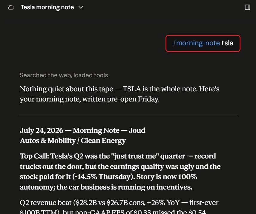 Claude svarar på /morning-note tsla med en morgonnotis om Teslas kvartal, intäkter, marginaler och kassaflöde