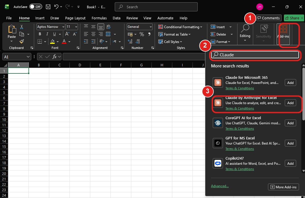 Add-ins i Excel, sök på Claude och tryck Add på Claude by Anthropic for Excel