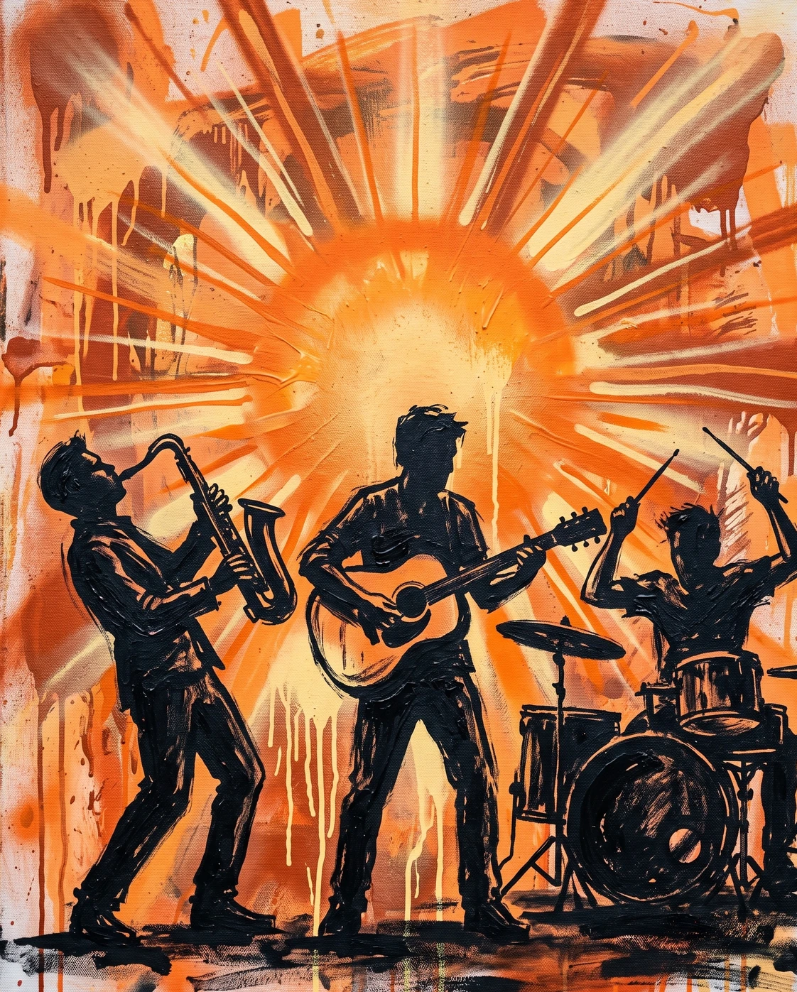 Målningen Orkestern, tre musiker i svart mot orange bakgrund