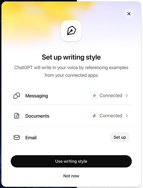 ChatGPT:s ruta Set up writing style med Messaging, Documents och Email