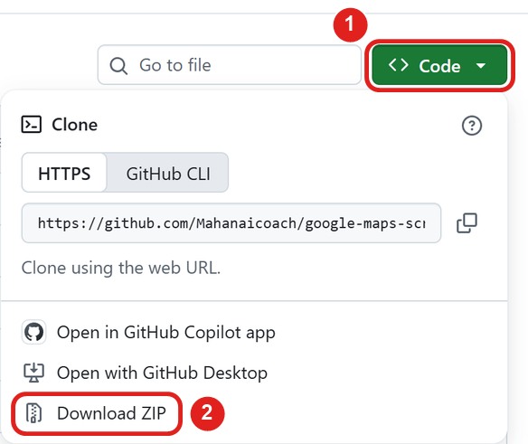 Repot på GitHub med den gröna knappen Code (1) öppen och Download ZIP (2) markerat