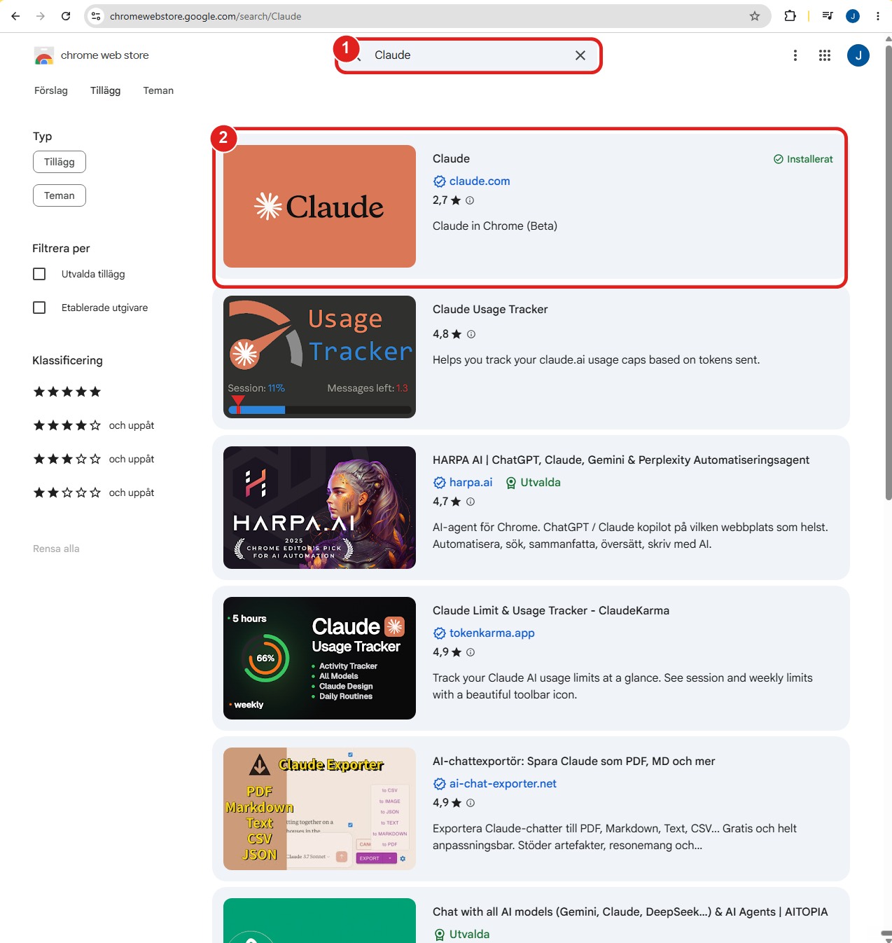 Sök på Claude i Chrome Web Store och välj Claude från claude.com