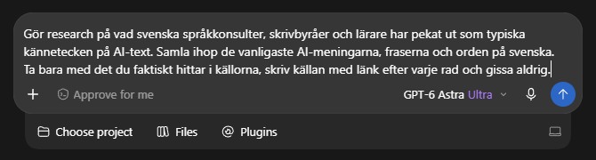 ChatGPT:s textruta med research-prompten inklistrad