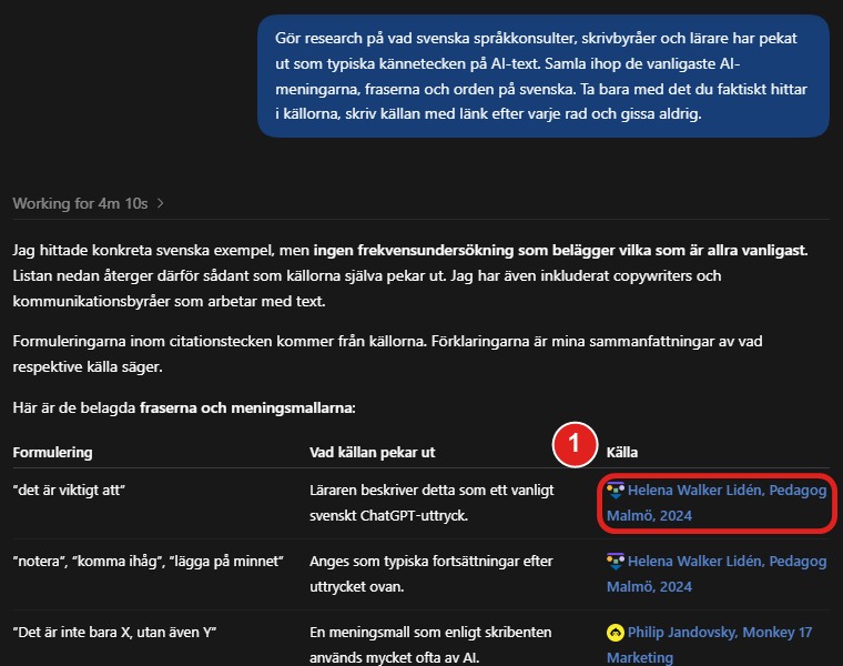 ChatGPT:s svar med en tabell över AI-typiska fraser och en källa på varje rad, en källa markerad
