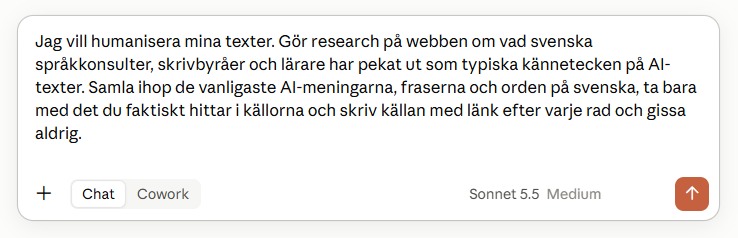 Claudes textruta med research-prompten inklistrad