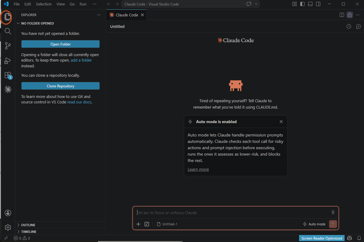 Explorer i VS Code med Open Folder-knappen när ingen mapp är öppen
