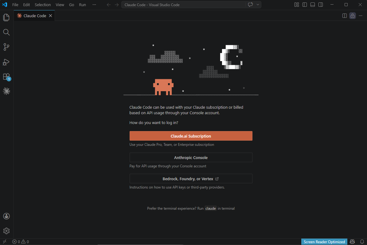 Inloggningsvalen i Claude Code efter /login, med Claude.ai Subscription överst