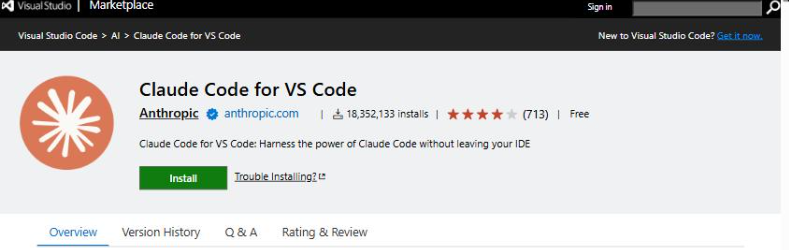 Claude Code-tillägget i VS Code Marketplace med den gröna Install-knappen