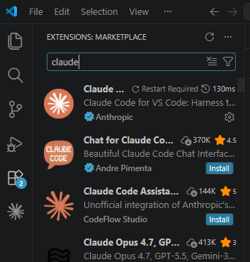 Sökning på claude i VS Code Extensions, Claude Code av Anthropic överst