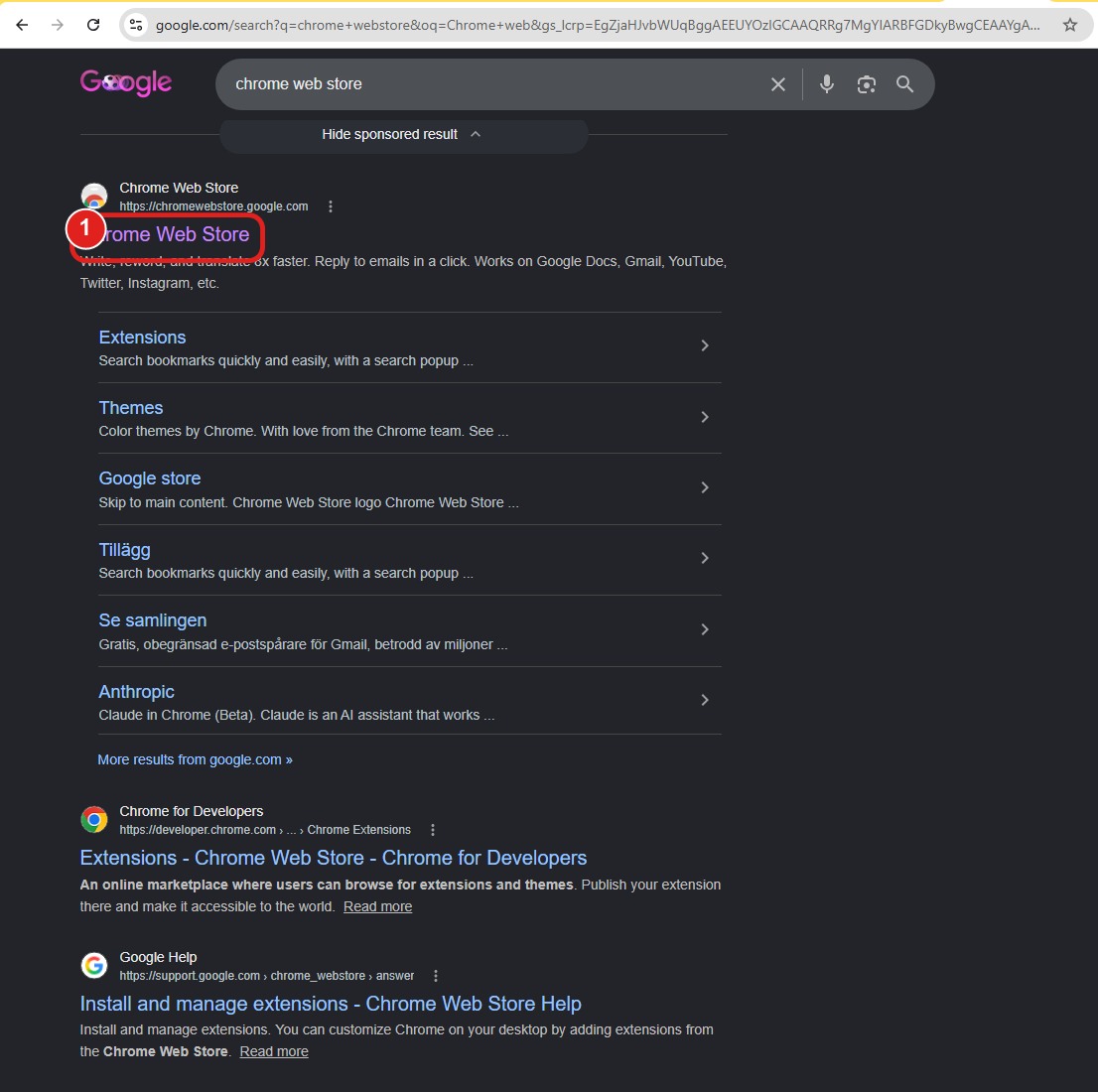 Google-sökning på chrome web store, första resultatet markerat