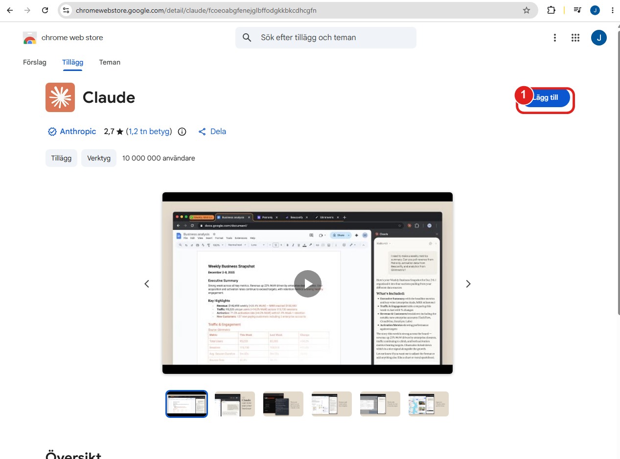 Lägg till-knappen på Claude-tillägget i Chrome Web Store
