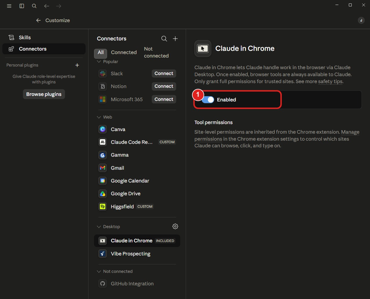 Enabled-reglaget påslaget för Claude in Chrome