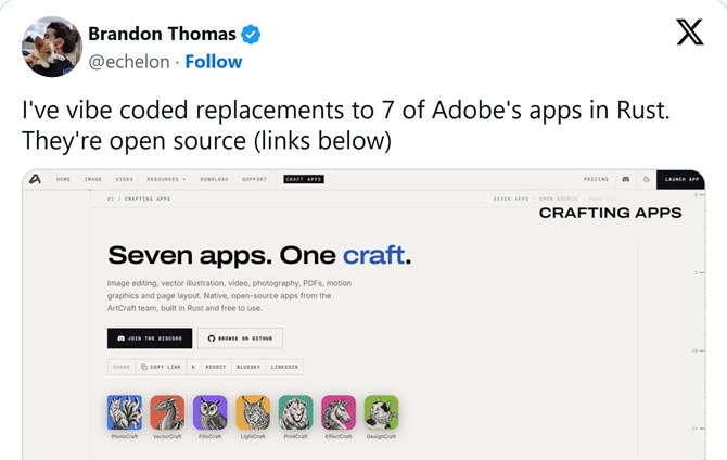 Brandon Thomas inlägg på X: I've vibe coded replacements to 7 of Adobe's apps in Rust. They're open source, med bilden av apparna PhotoCraft, VectorCraft, FilmCraft, LightCraft, PrintCraft, EffectCraft och DesignCraft