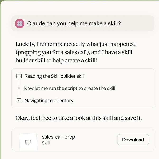 Claude bygger en skill i en chatt och visar den färdiga skillen
