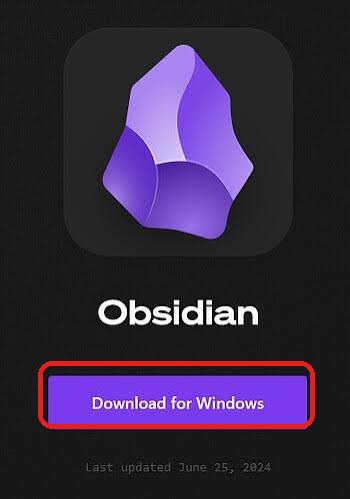 Obsidians nedladdningssida med knappen Download for Windows markerad i rött. Obsidian finns även för Mac