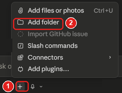 Claude Code: plus-tecknet (1) och menyvalet Add folder (2) markerade i rött
