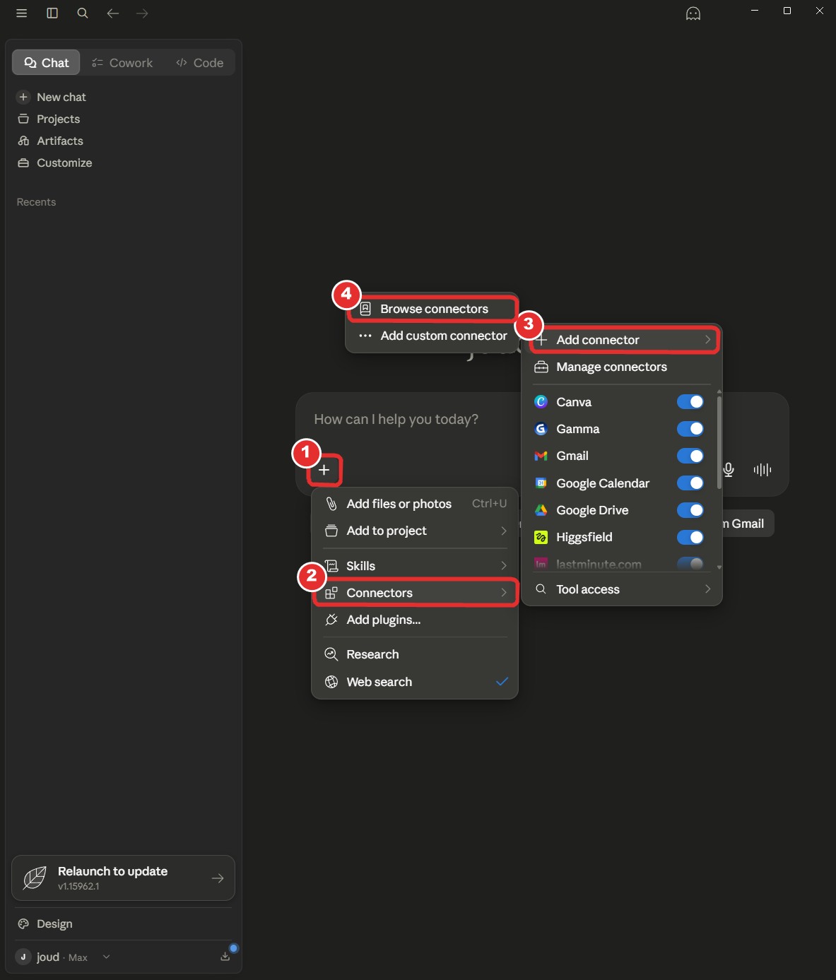 Claude-menyn: plus, Connectors, Add connector, Browse connectors numrerade
