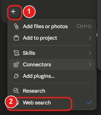 Plus-menyn i Claude med Web search påslaget