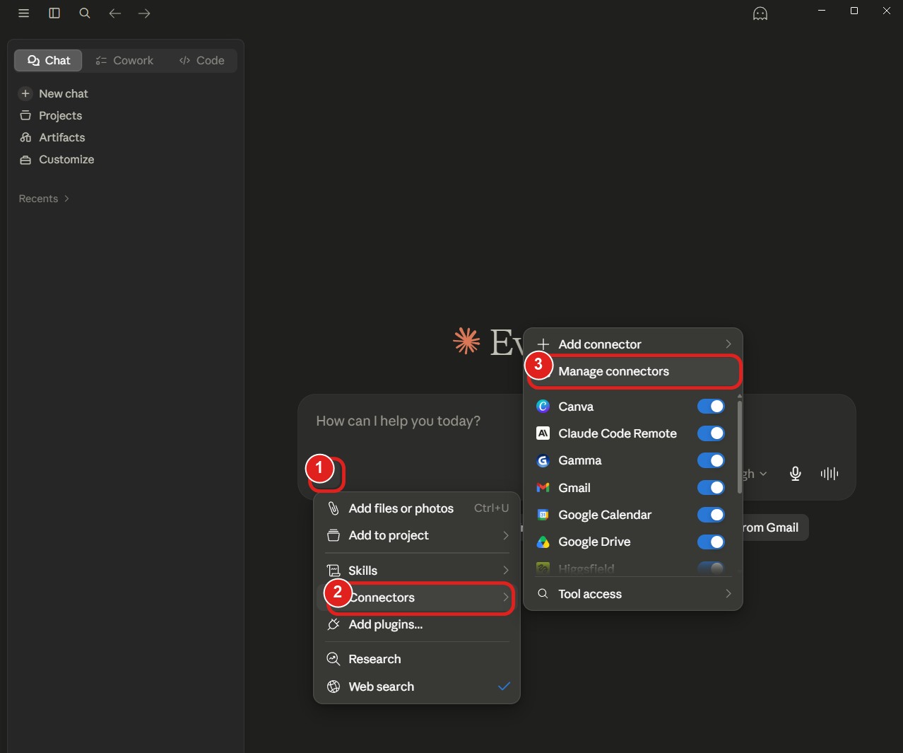 Claude-menyn med plus-tecknet, Connectors och Manage connectors numrerade, och Gmail i listan
