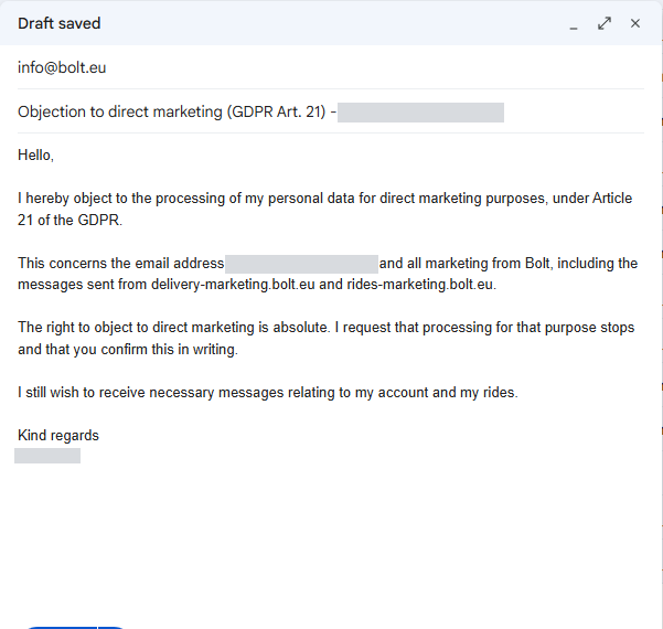 Ett av utkasten öppnat i Gmail, adresserat till företagets kontaktadress