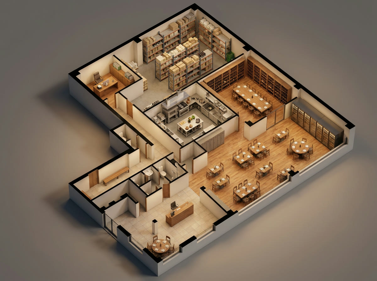 3D dollhouse-render av samma restaurang