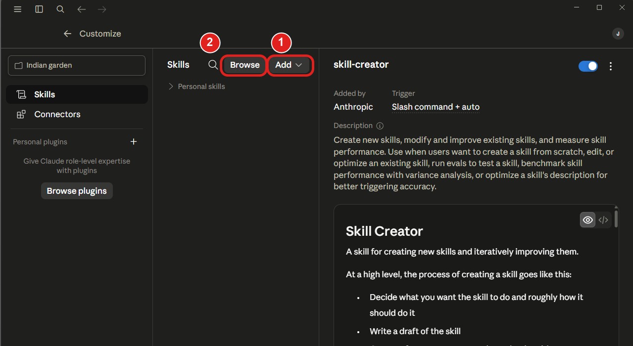 Skills-sidan i Claude med Add och Browse markerade