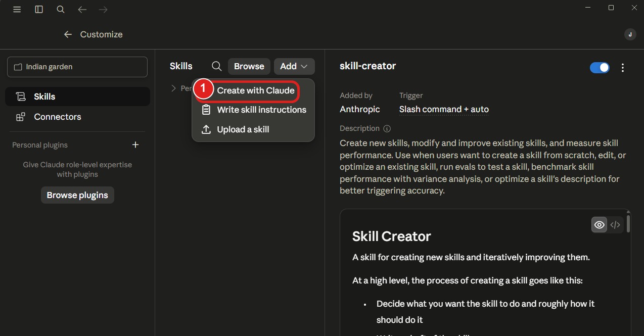 Add-menyn i Claude med Create with Claude markerat