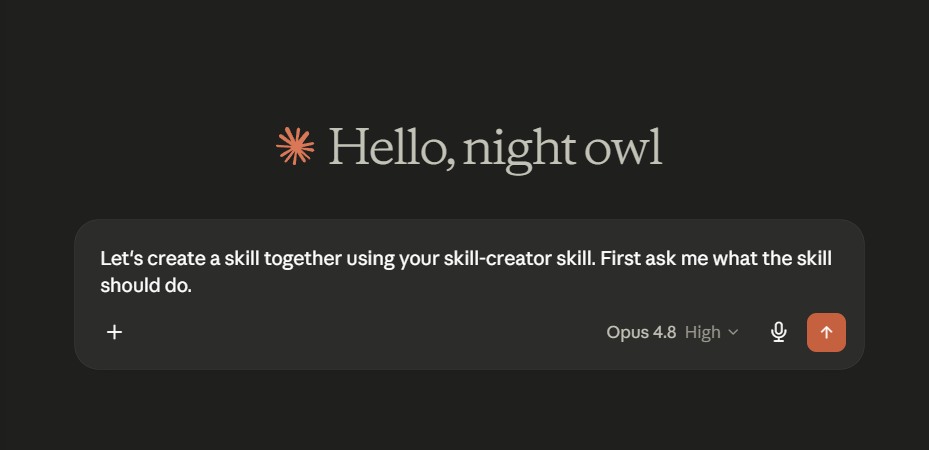 Ny chatt i Claude med förifylld text för att skapa en skill