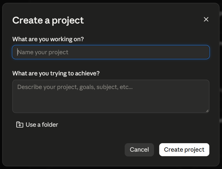 Rutan Create a project med fälten för namn och mål