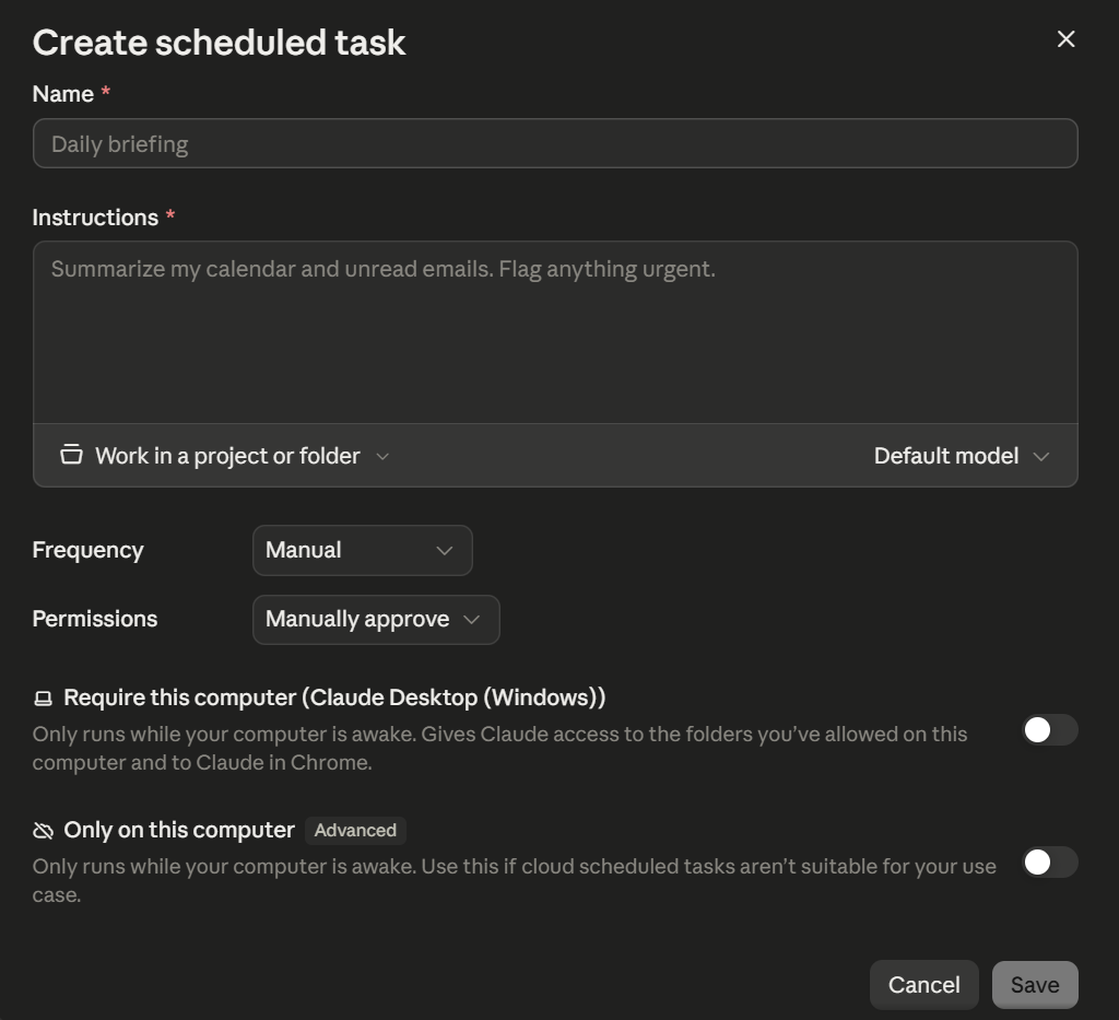 Formuläret Create scheduled task med namn, instruktioner, frekvens, behörigheter och datorinställningar